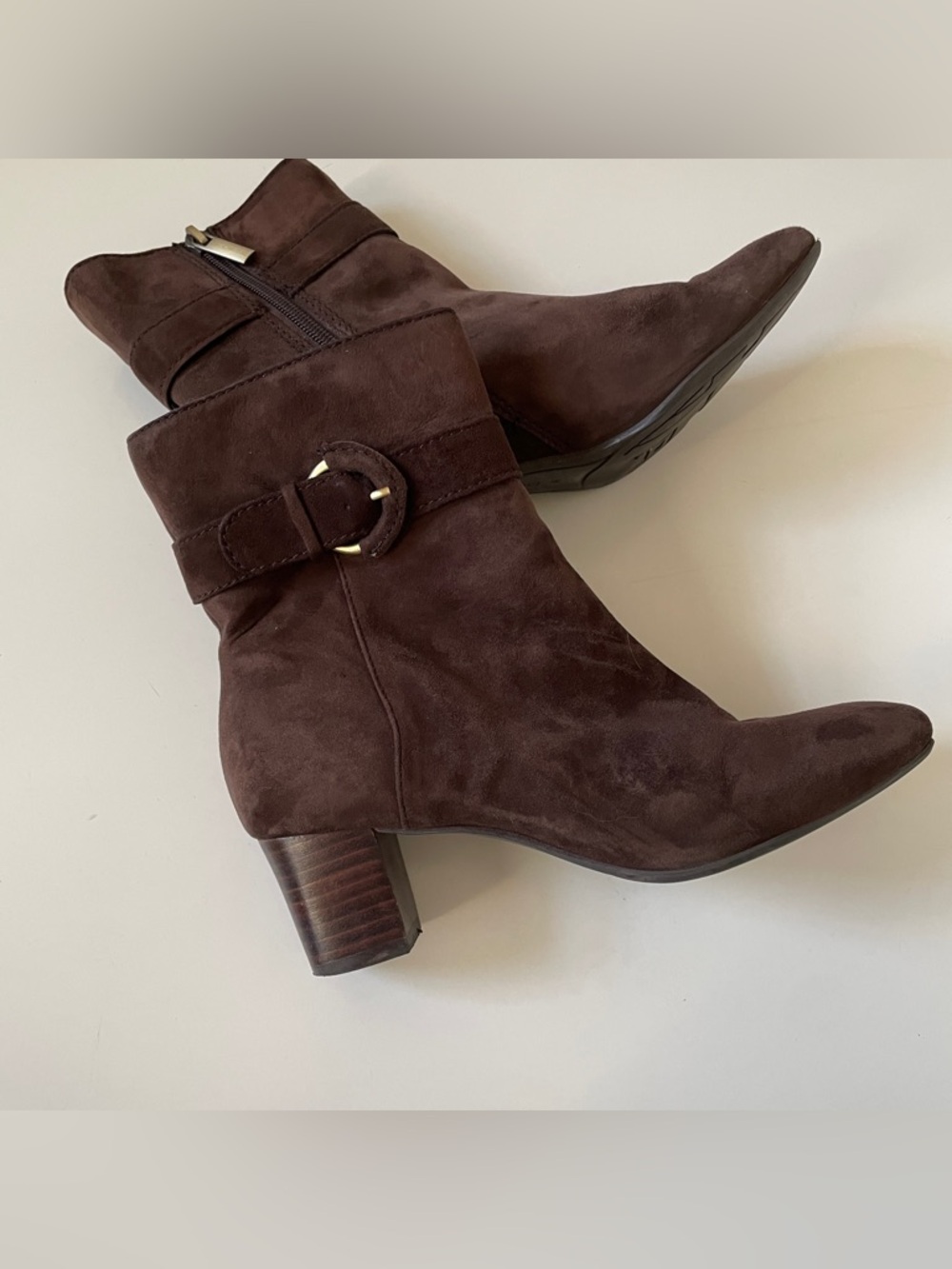 Bandolino Brown Suede Heeled Boots, Size 6 Leather Upper with Gold Accents - Picture 4 of 10